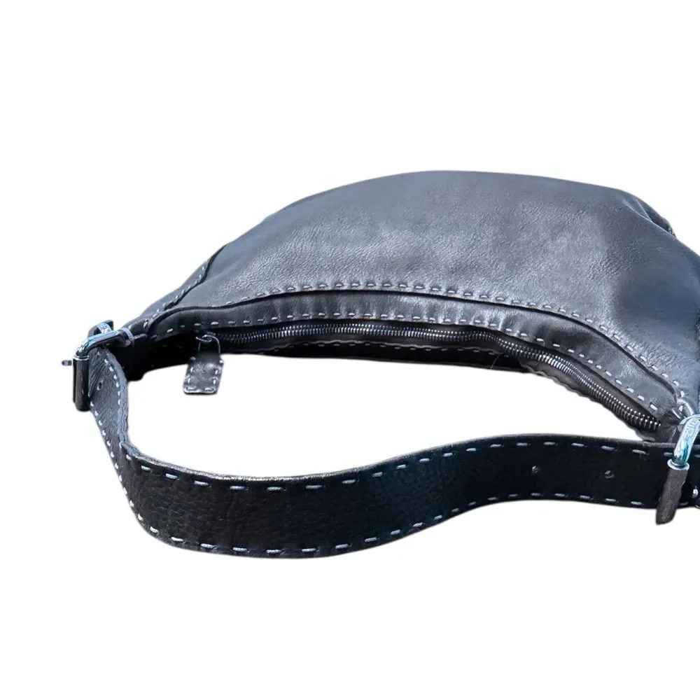 FENDI Midnight Navy Blue Selleria Leather Contrast White Top Stitching Hobo Bag